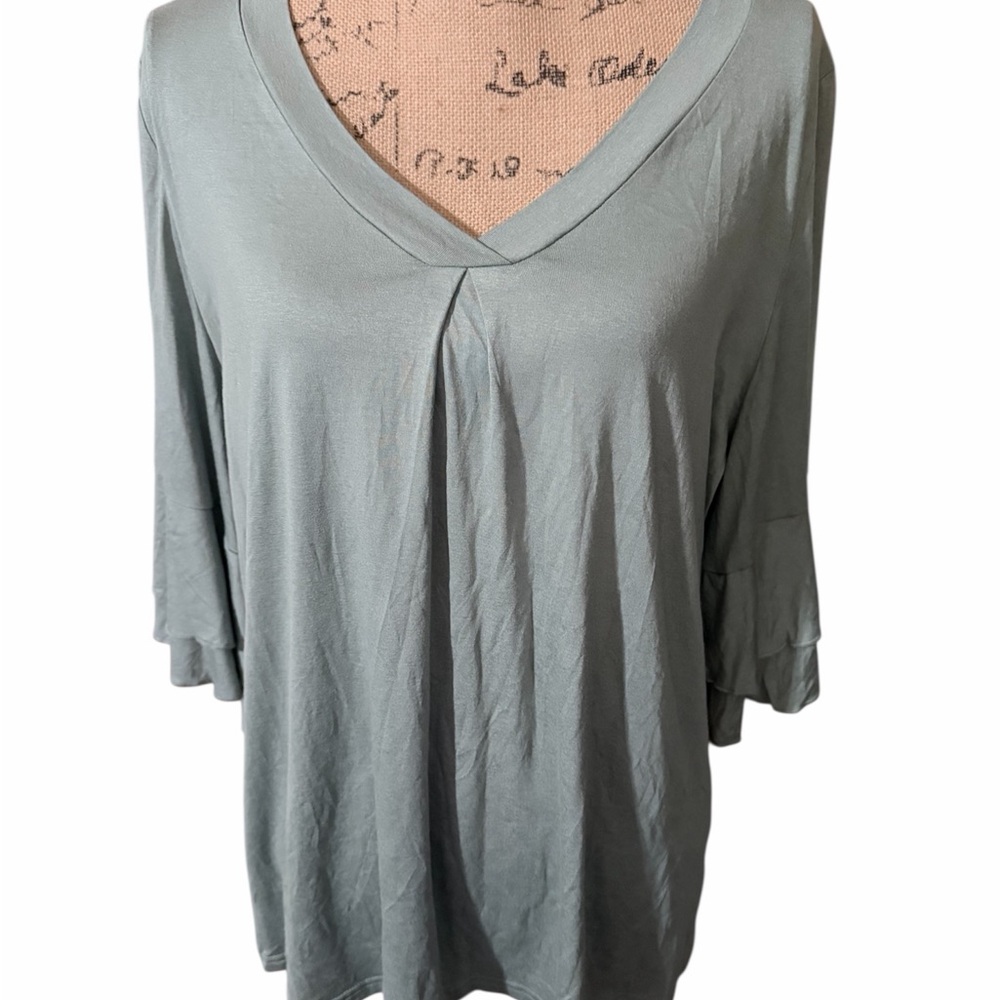 BloomChic Sage Green V-Neck Ruffle Sleeve Top - Picture 2 of 7